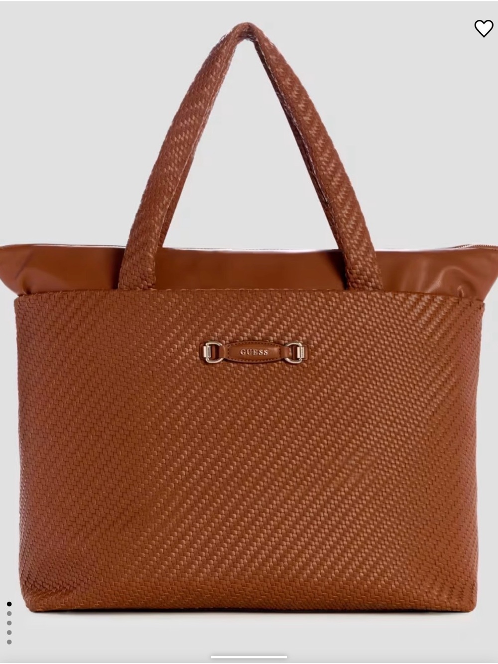 GUESS Woven Tote in Cognac Brown with Gold Accent